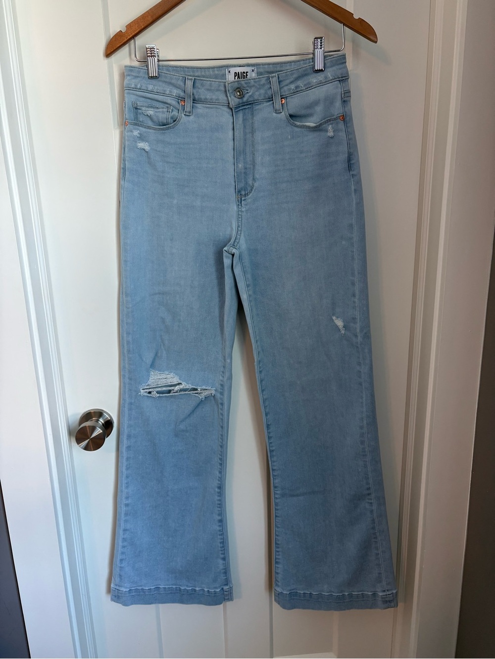 PAIGE Light Blue Distressed Wide-Leg Jeans